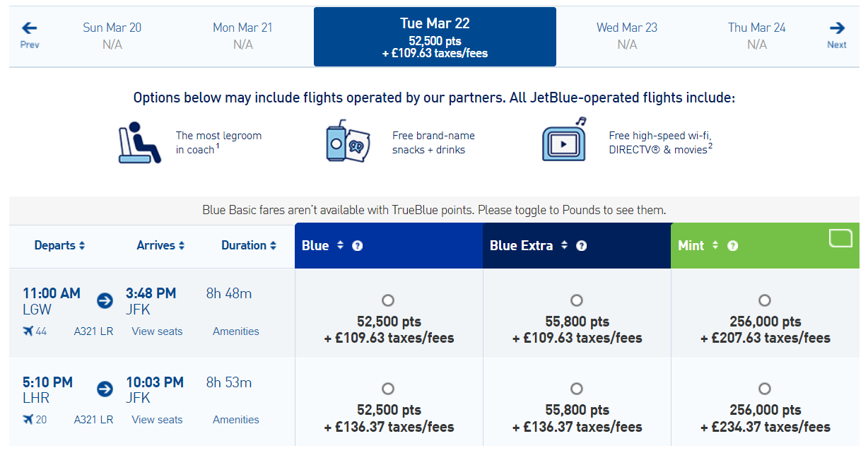 JetBlue award availability from London to JFK in March 2022