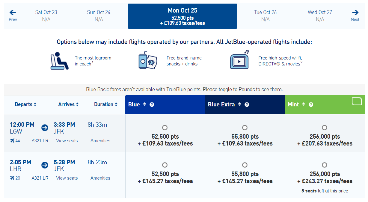 JetBlue award availability from London to JFK in October 2021