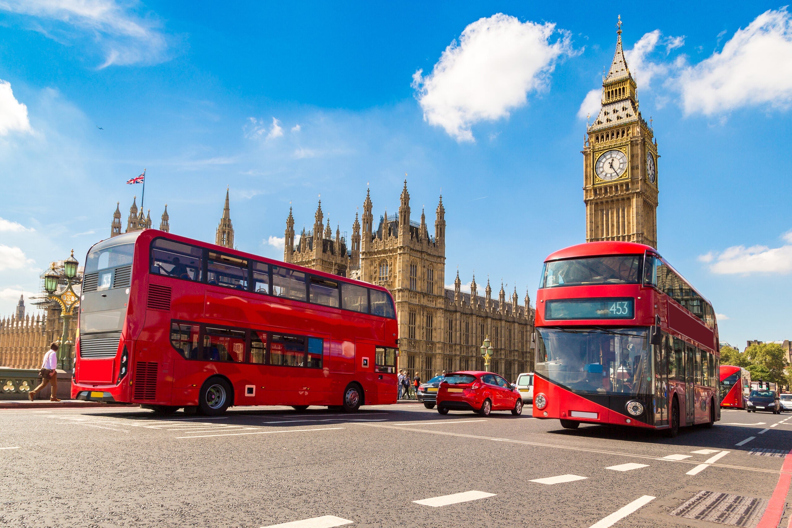 London Big Ben, Westminster Bridge,And Red Double Decker Bus 