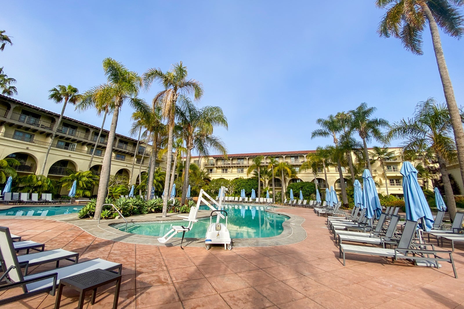 Hotel pool on a sunny day, surrounded by loungers with palm trees and building in the background