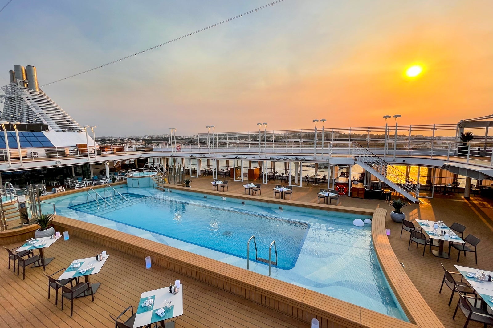 Sun set over the Silver Moon cruise ship pool deck