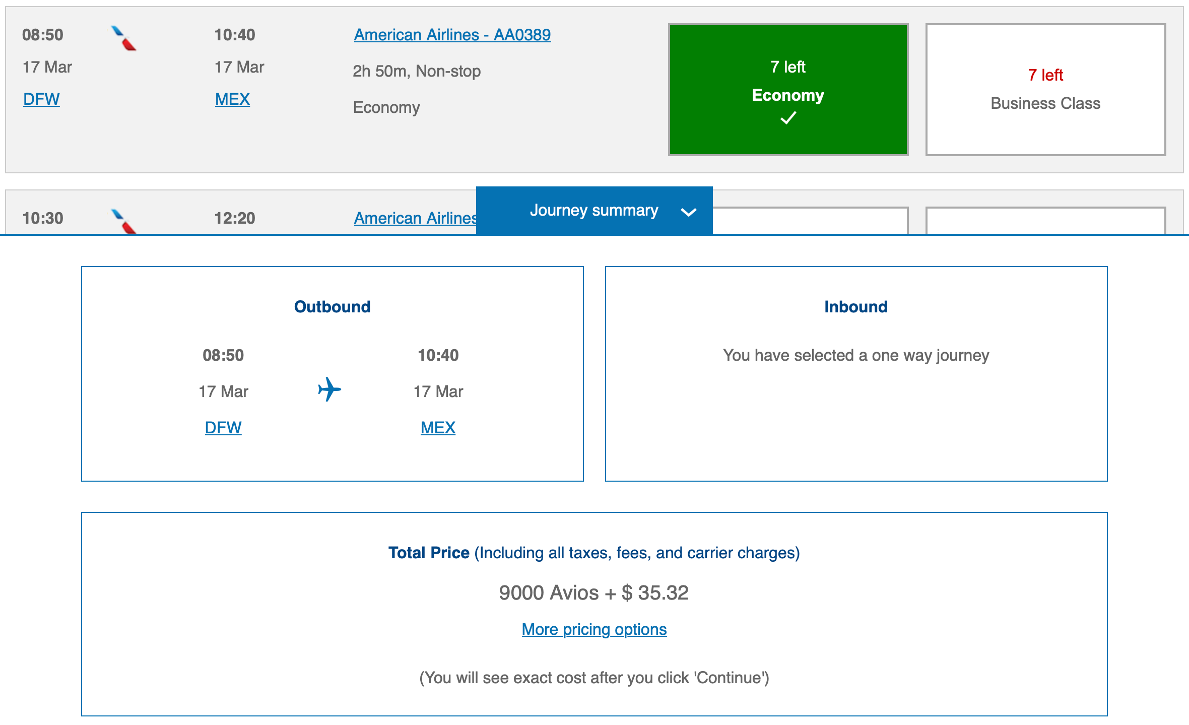 DFW to MEX Avios award ticket