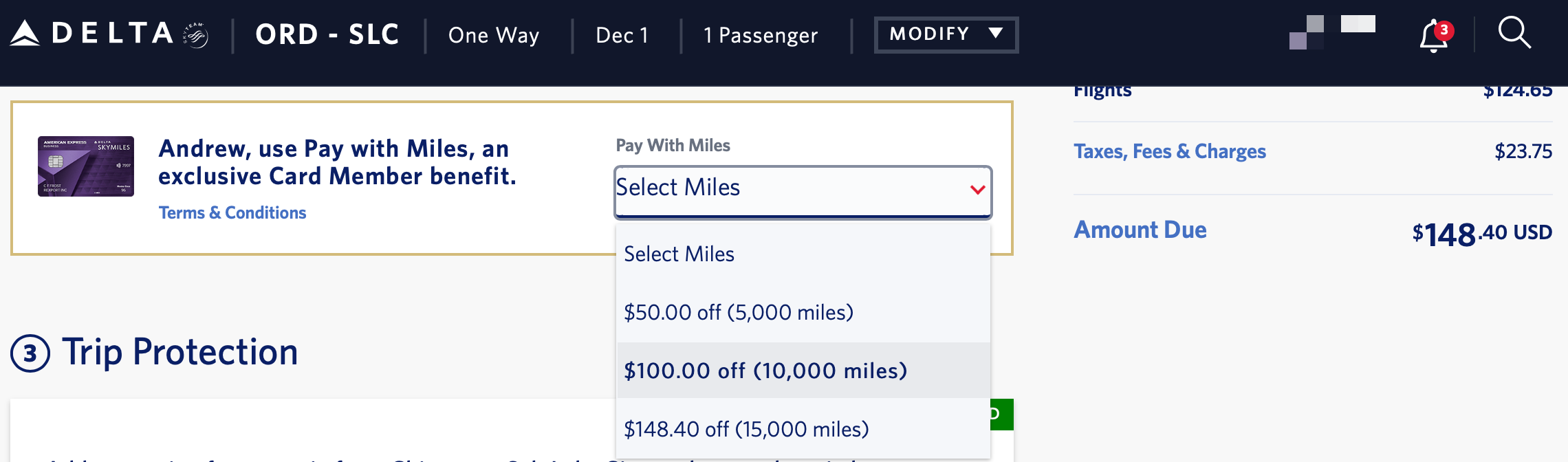 Delta Pay with Miles redemption