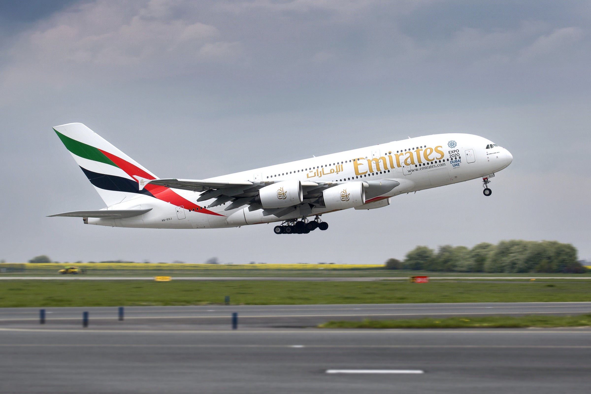 Emirates A380 taking off in Prague