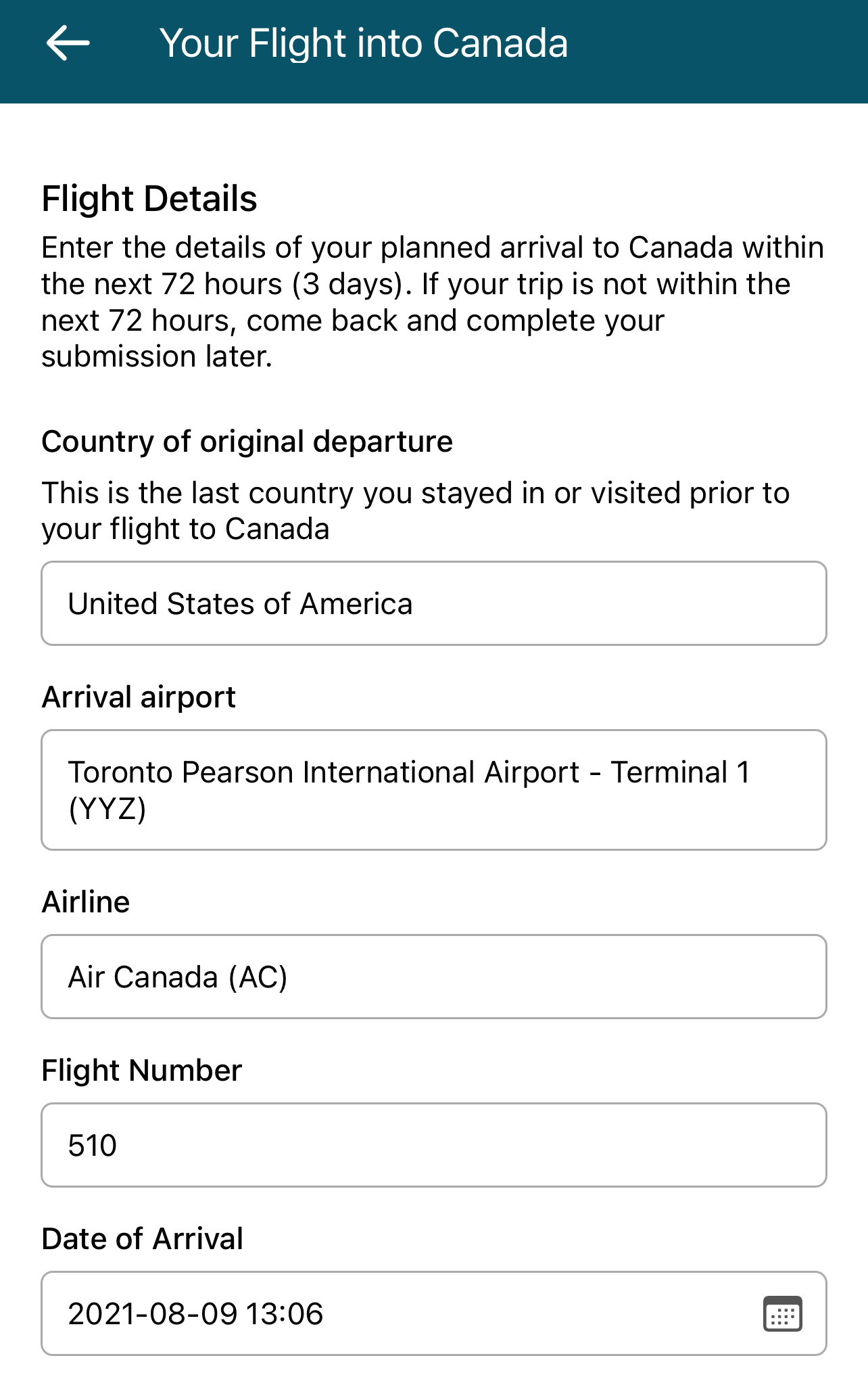 Flight info in ArriveCAN app