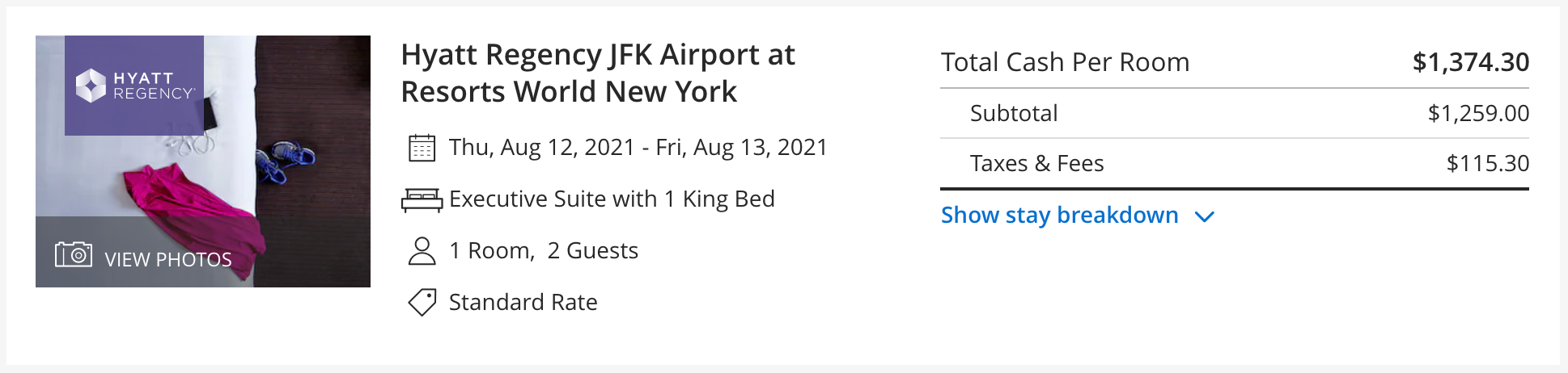 Hyatt JFK suite cash price