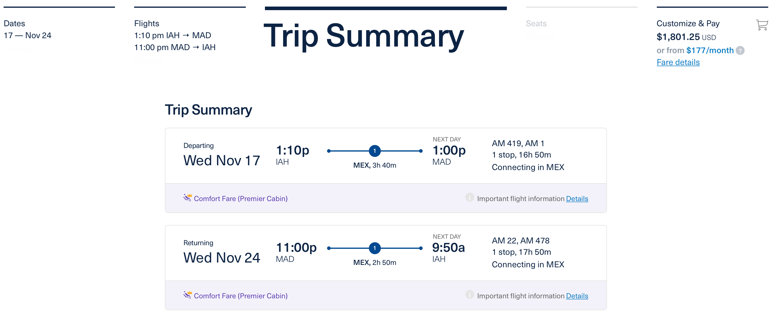 IAH to MAD via MEX Aeromexico ticket