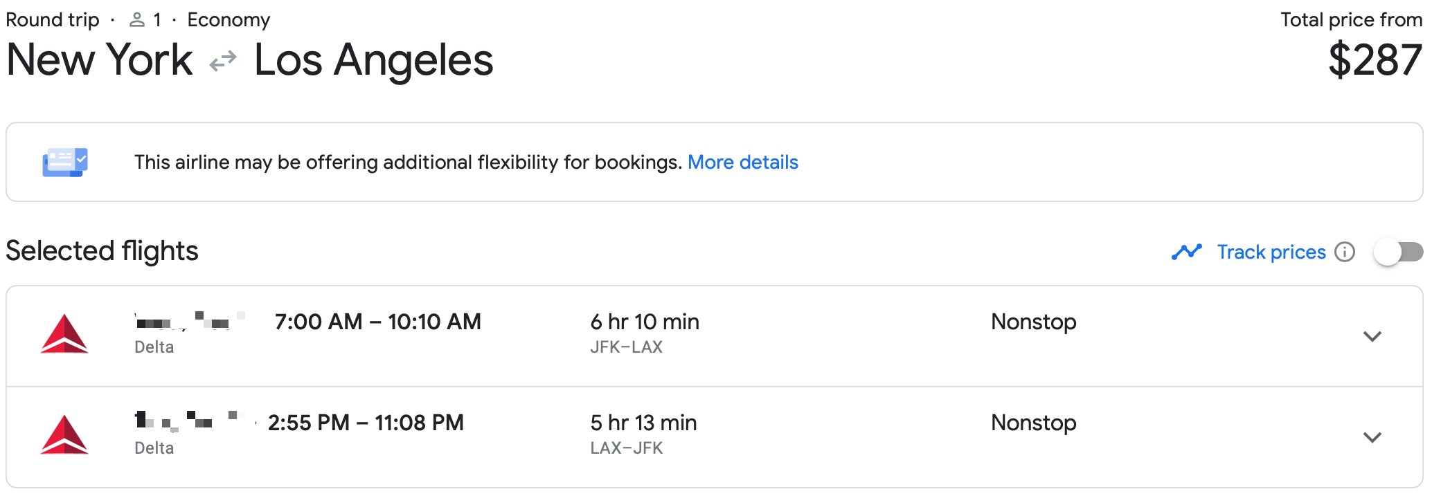 JFK LAX Delta Google Flights