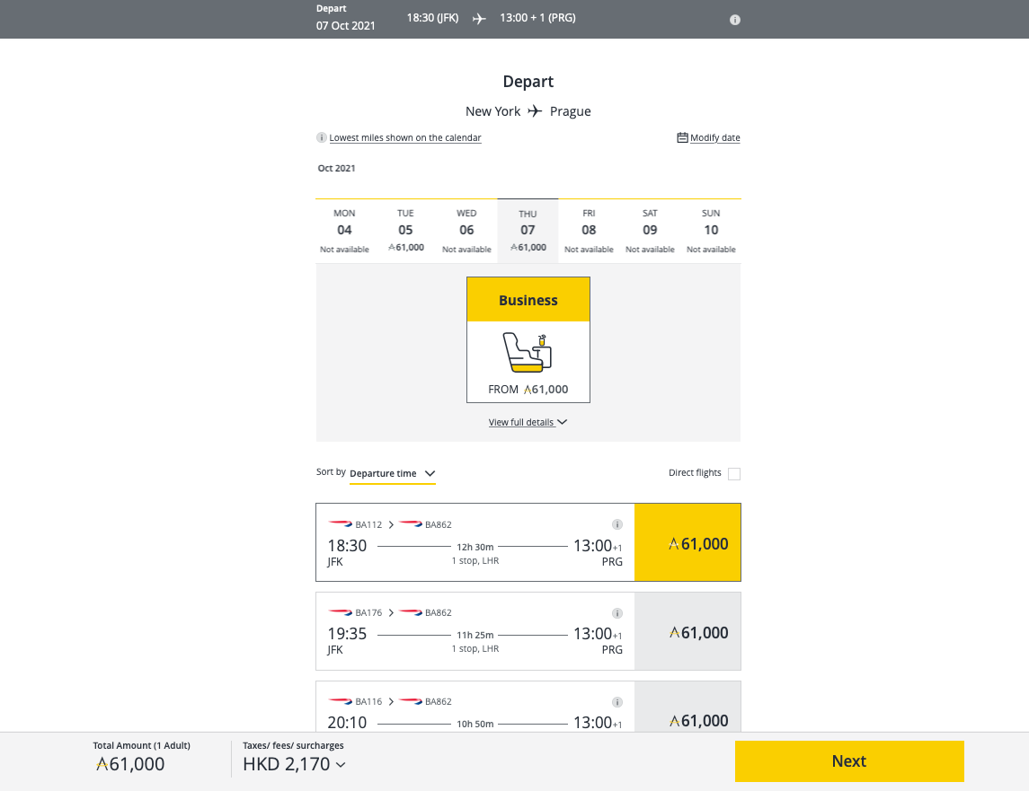 JFK to PRG via LHR Asia Miles booking on British Airways