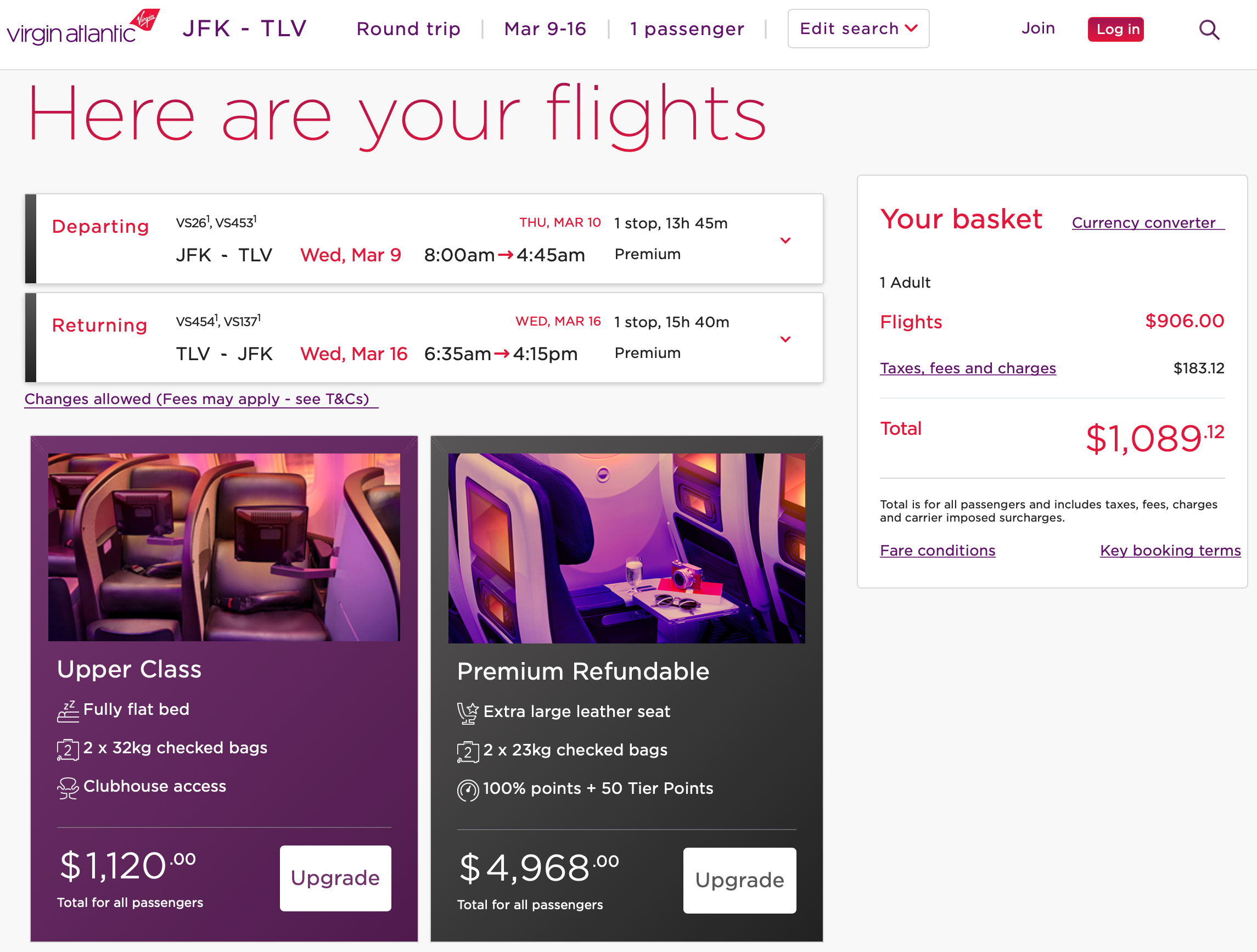 JFK LHR TLV Virgin Atlantic