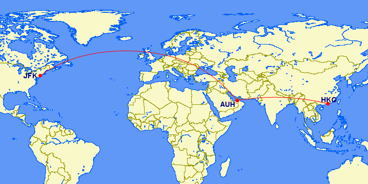 JFK to AUH to HKG flight map