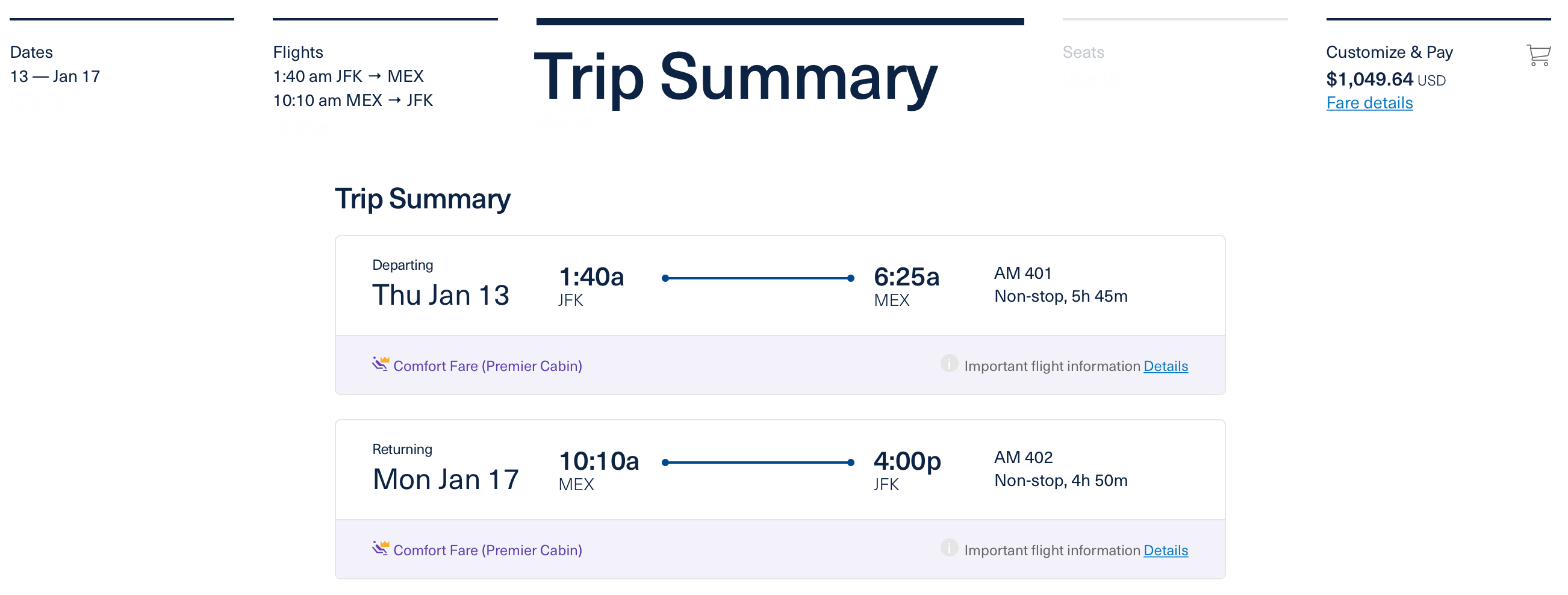 JFK to MEX business class round-trip with Aeromexico