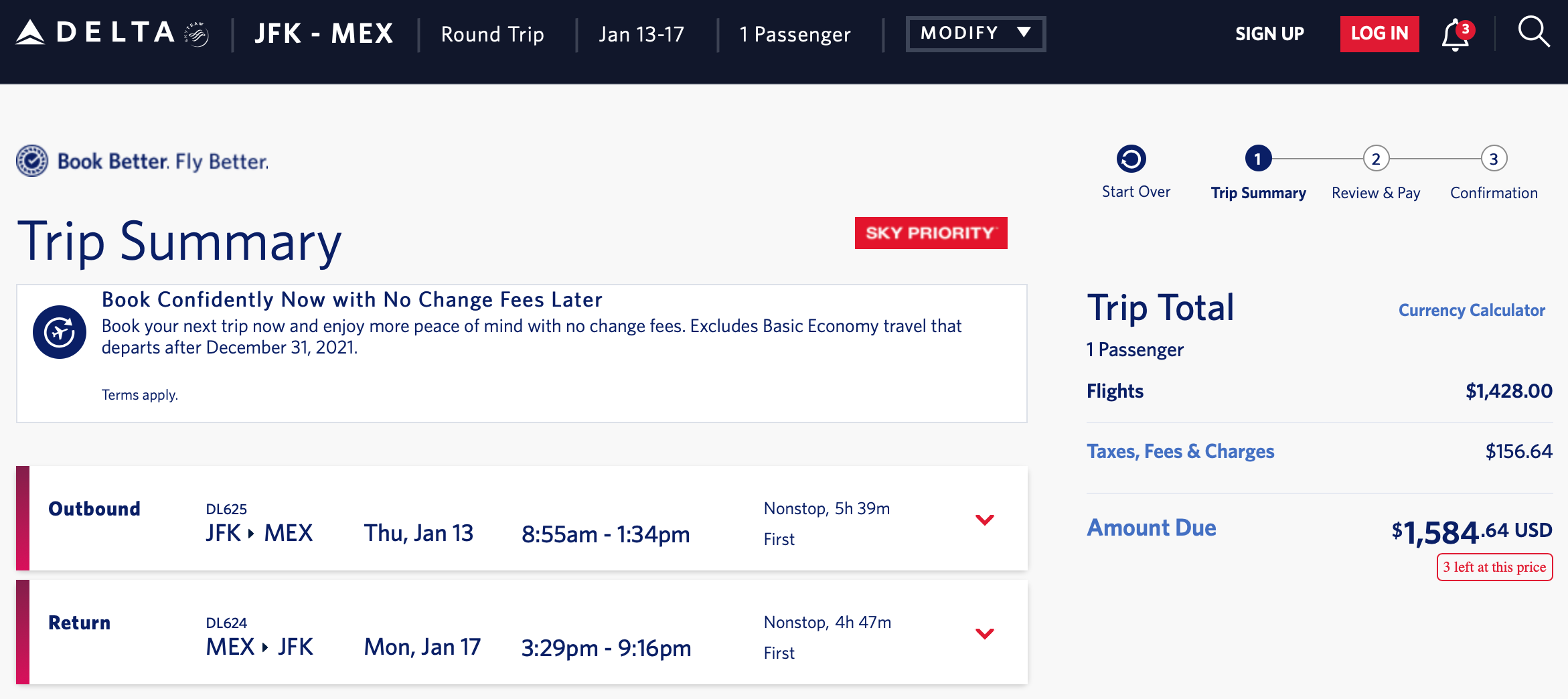 JFK to MEX business class round-trip with Delta
