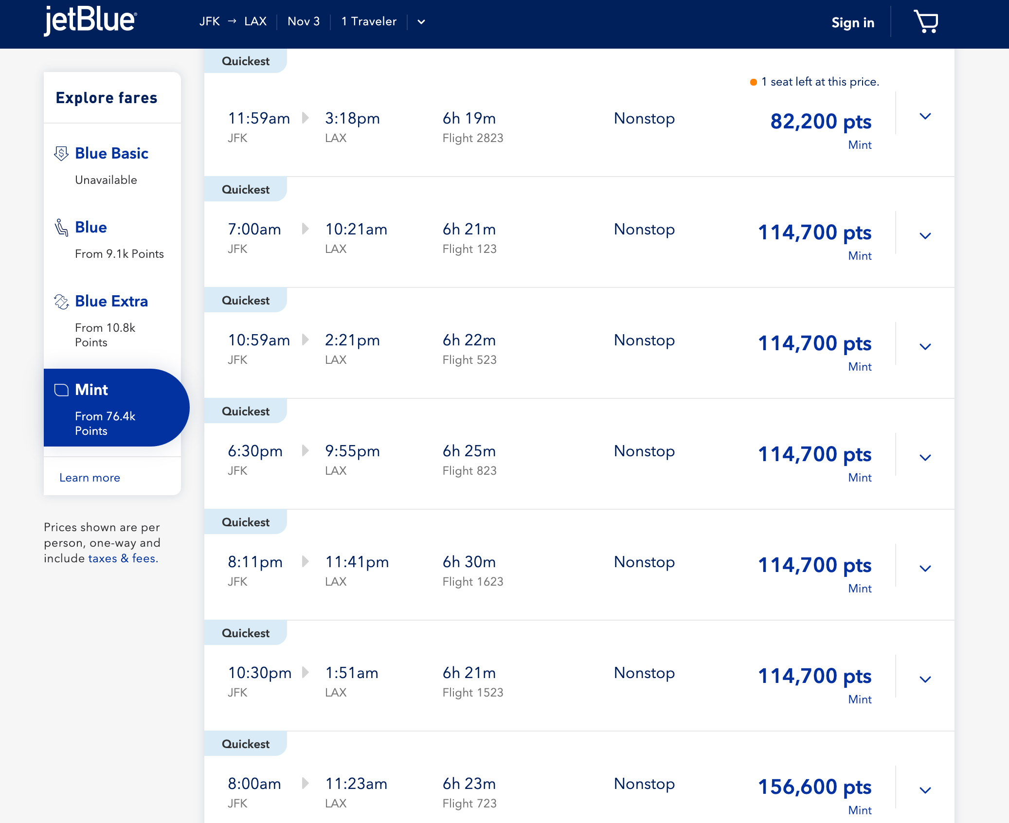 JetBlue Mint award rates