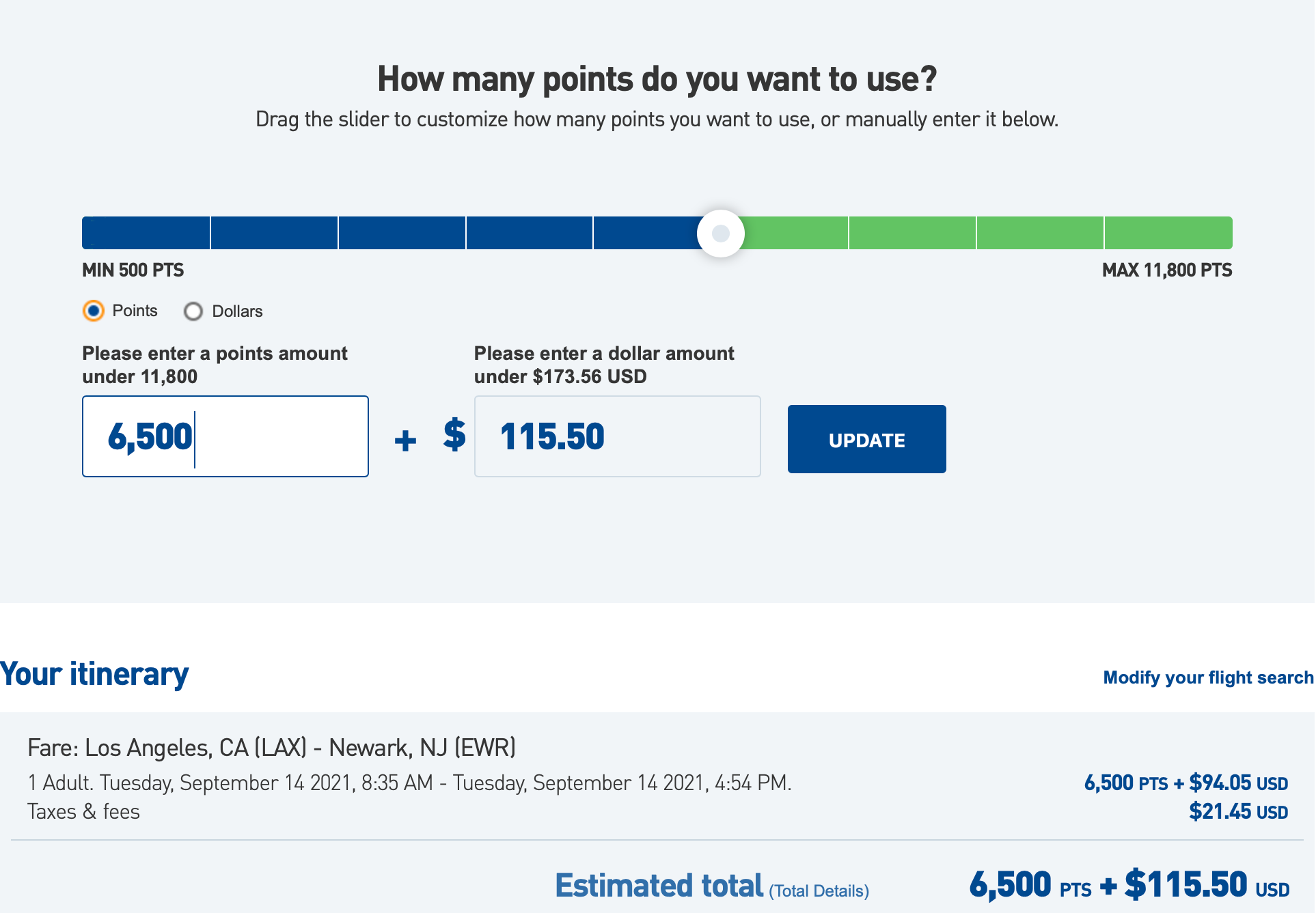 JetBlue points and cash redemption