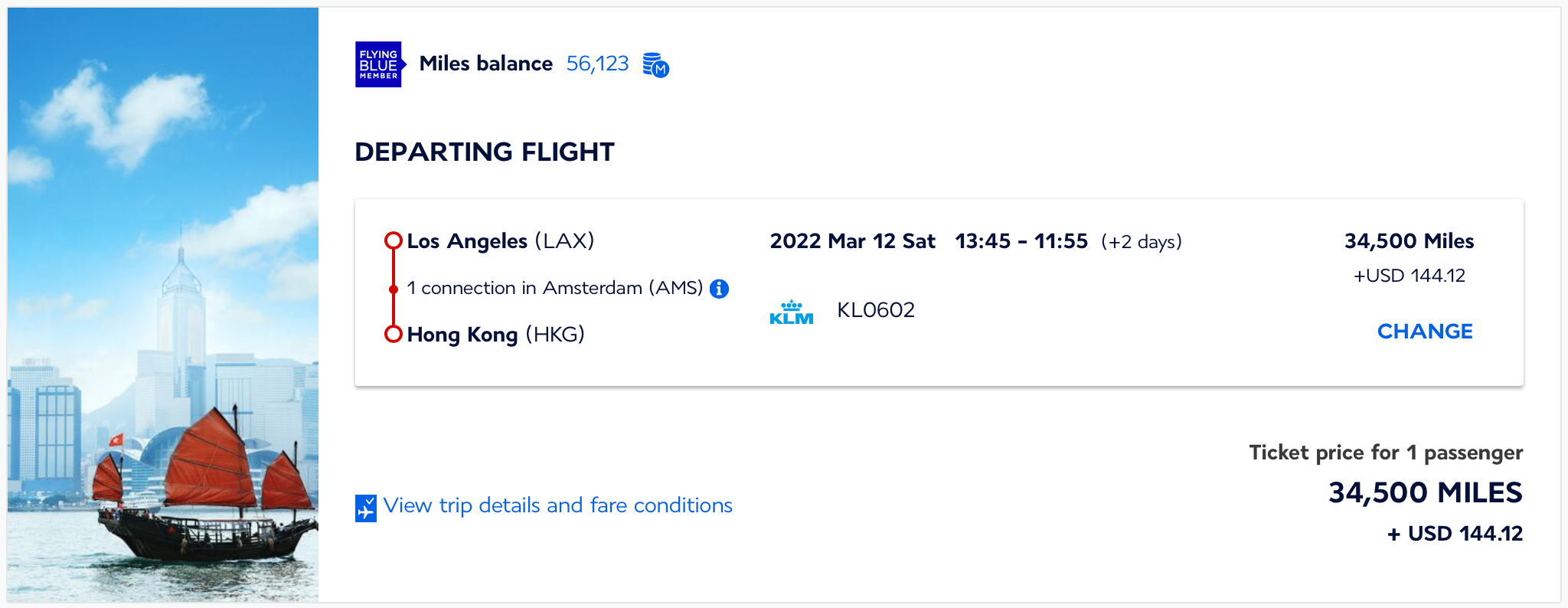 LAX to HKG Flying Blue award ticket