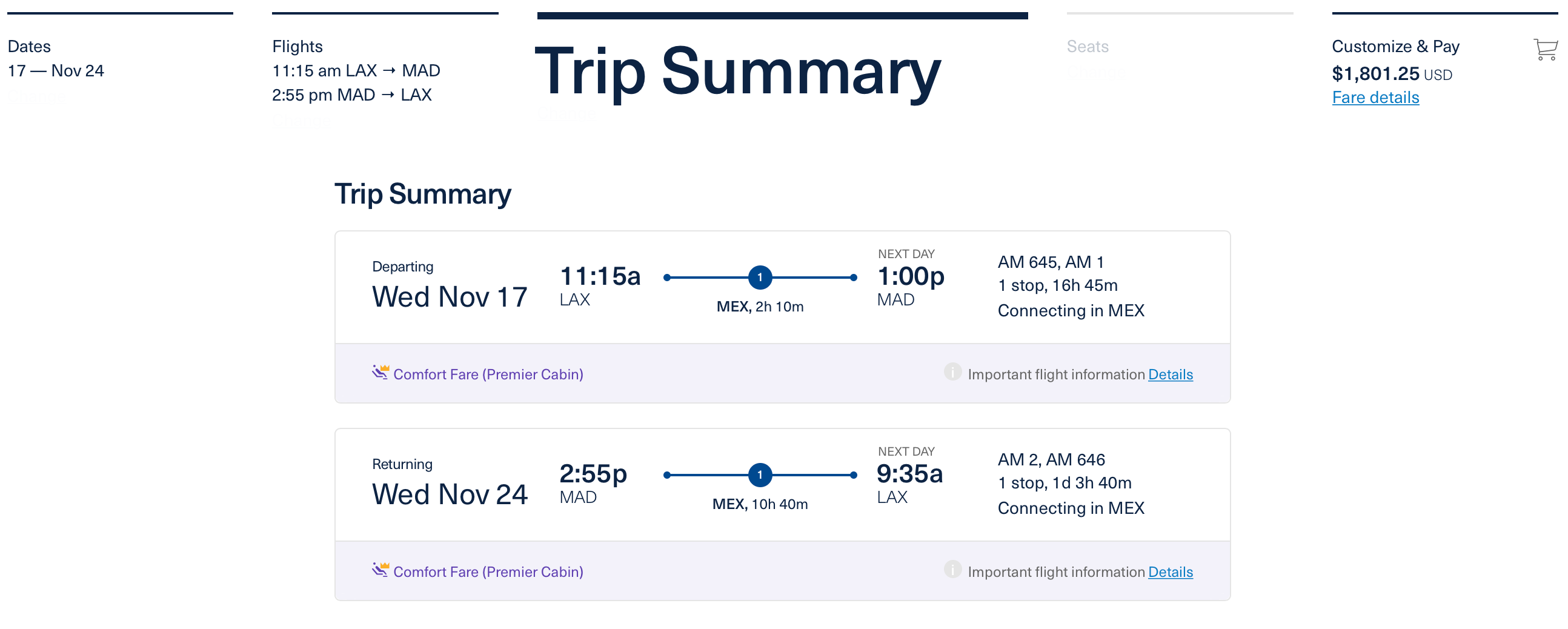LAX to MAD via MEX Aeromexico ticket