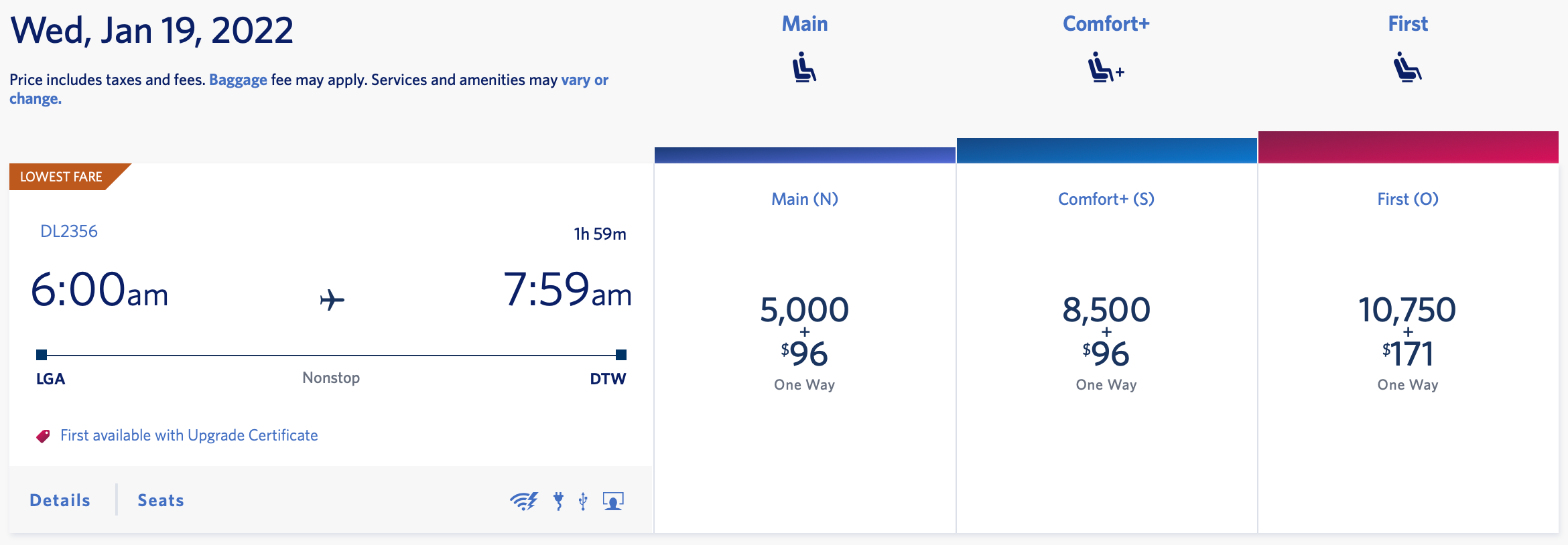 LGA to DTW Miles + Cash ticket on Delta