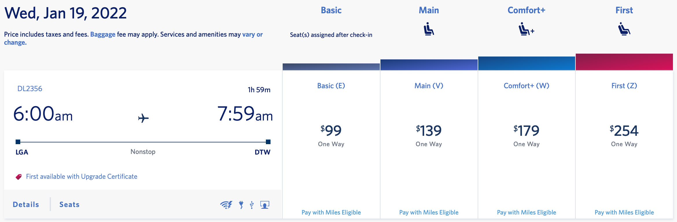 LGA to DTW paid ticket on Delta