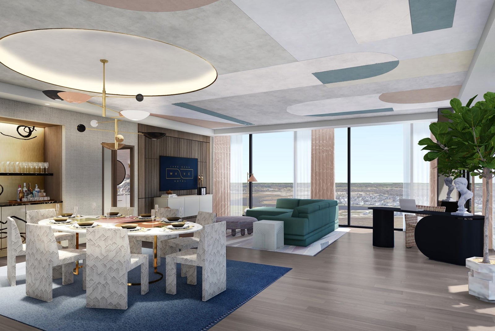 Lake Nona Wave Hotel penthouse living/dining room