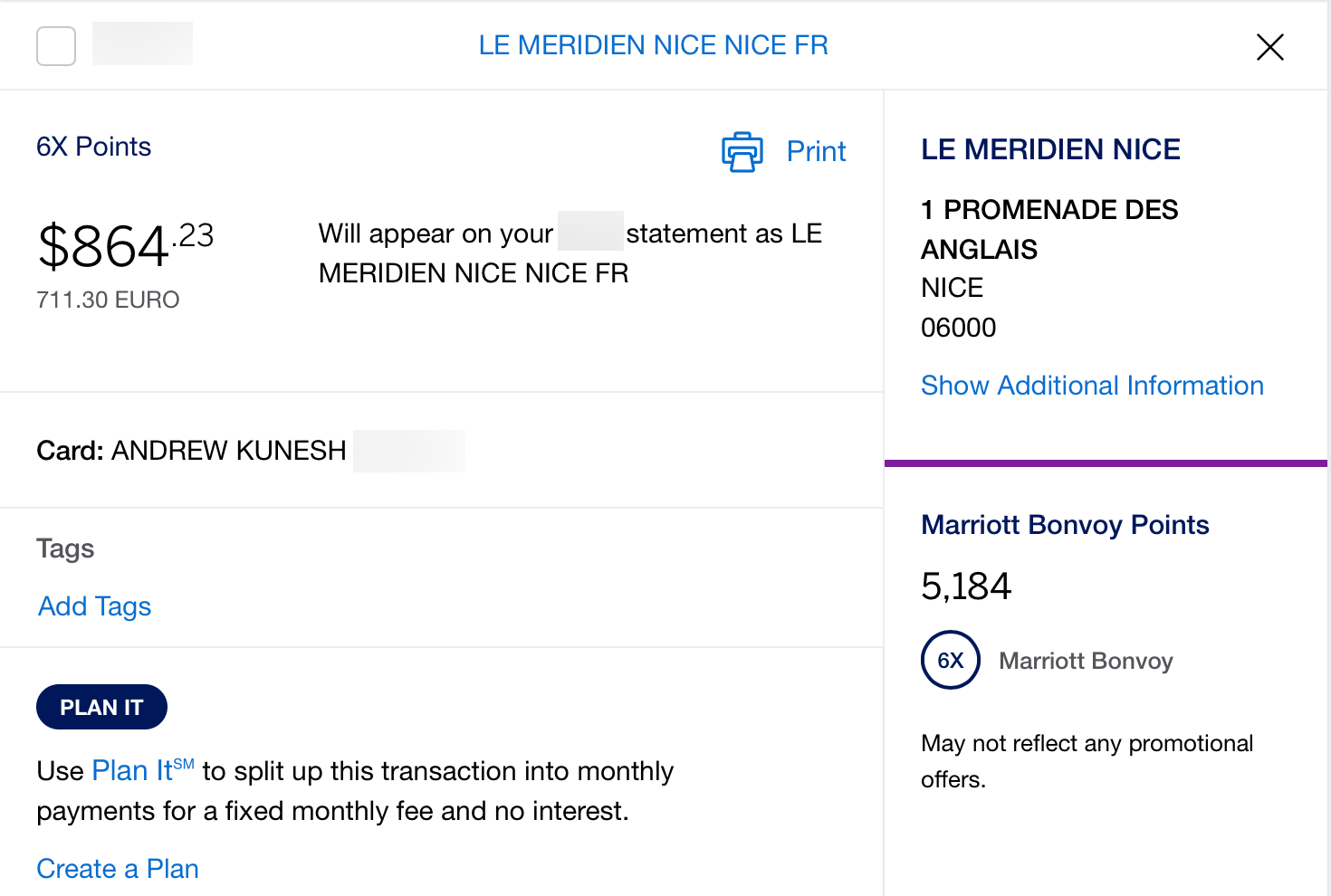 Le Meridien Nice transaction details on Amex website