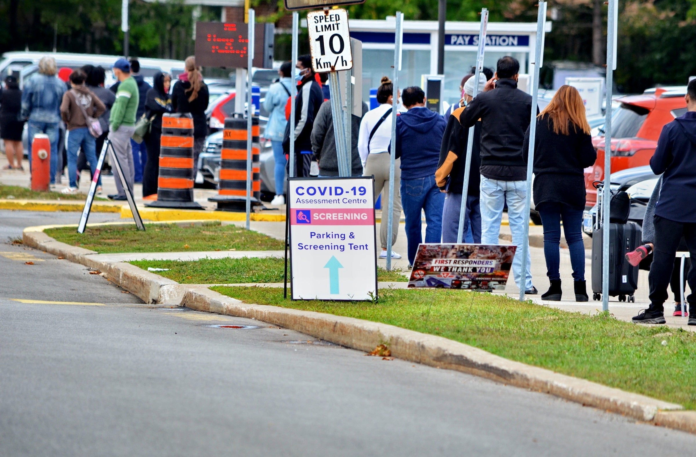 Line for a COVID testing center in Scarborough Ontario