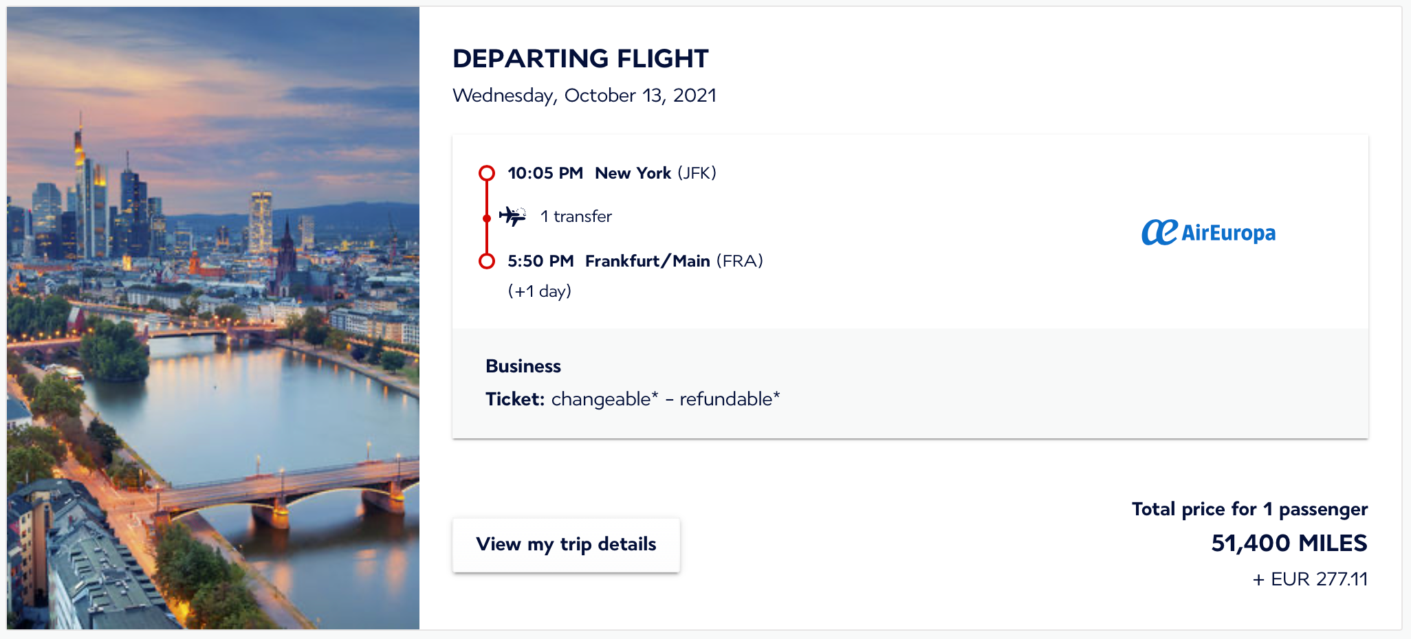 NYC to FRA Flying Blue points and cash award ticket