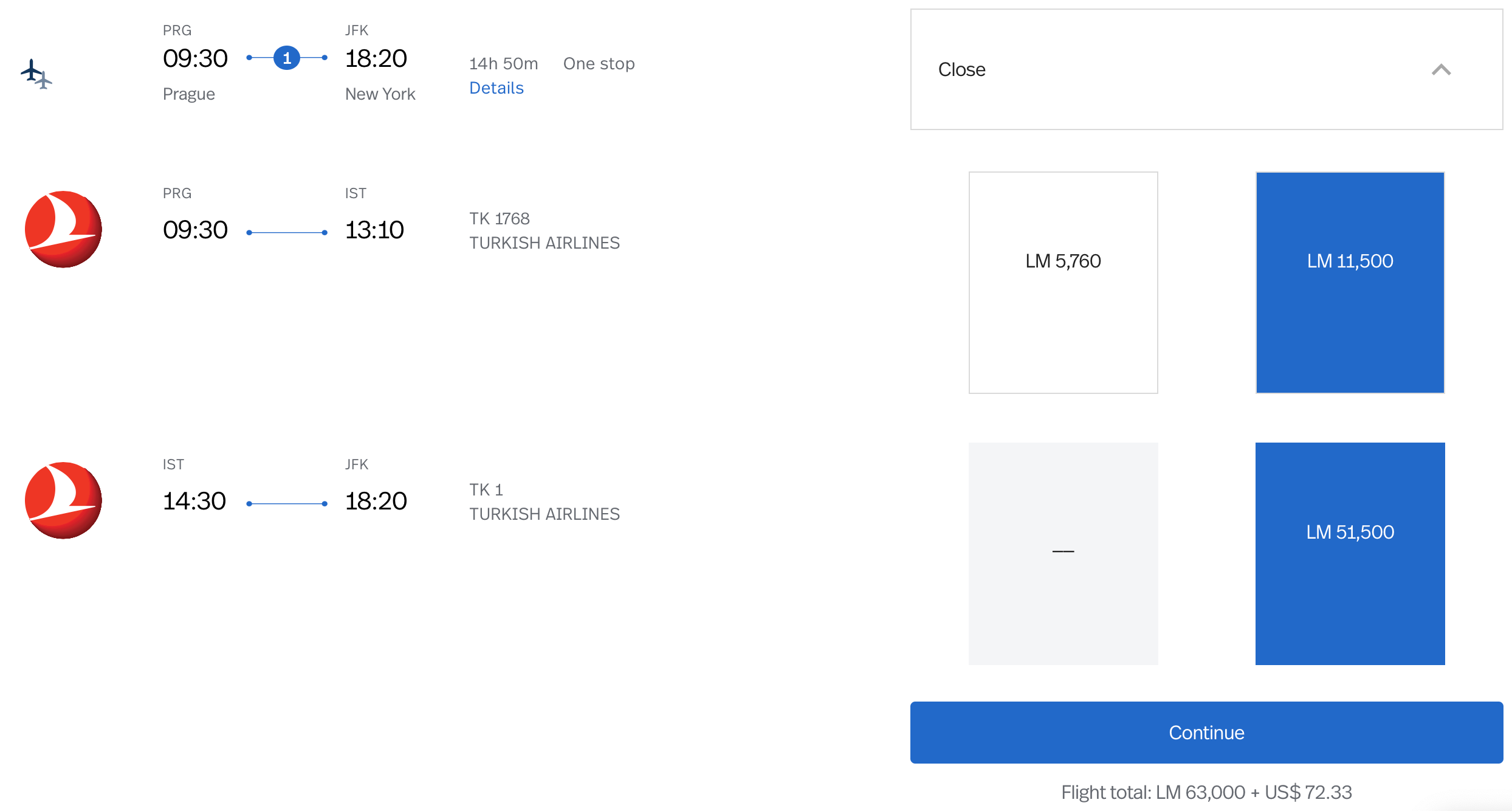 PRG to JFK via IST Avianca LifeMiles booking on Turkish Airlines