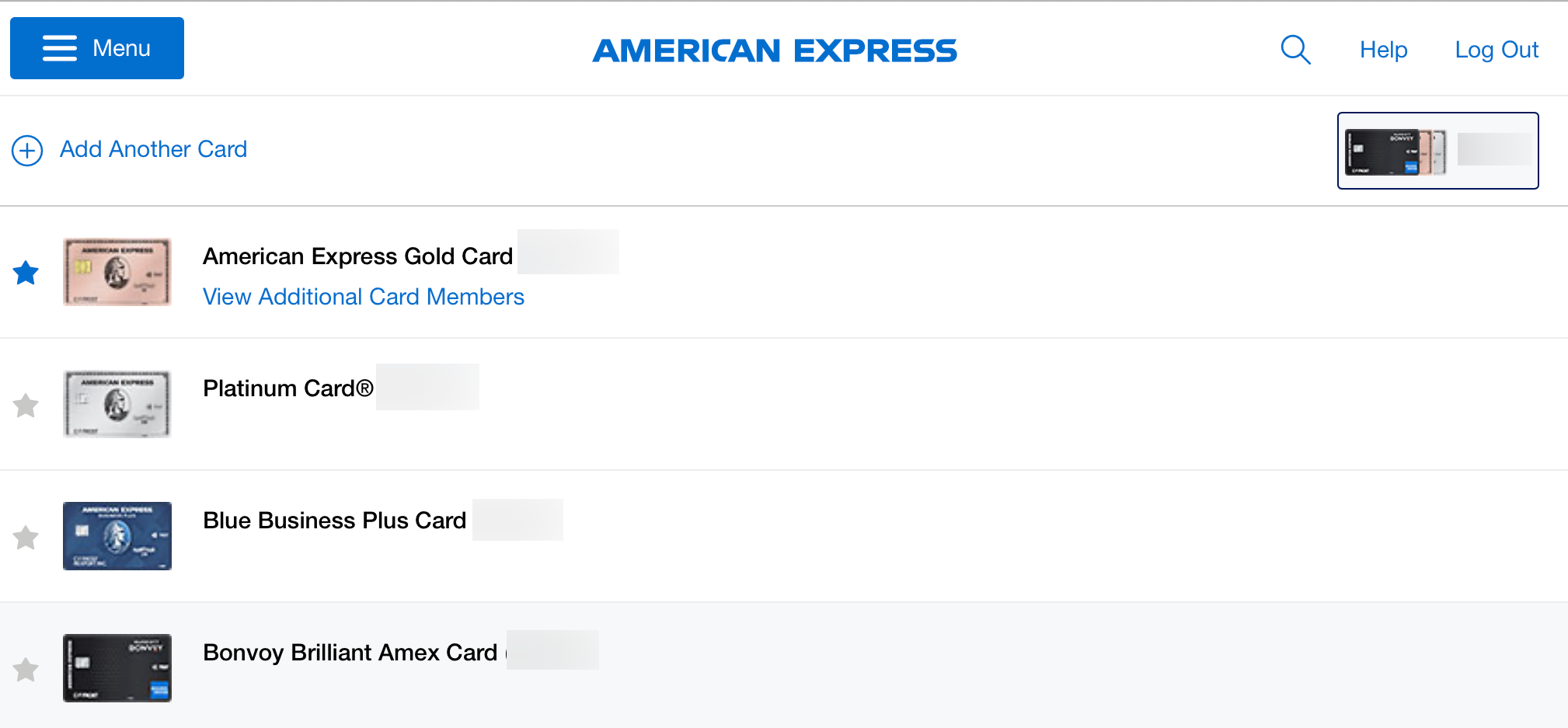 Picking a card on the Amex website