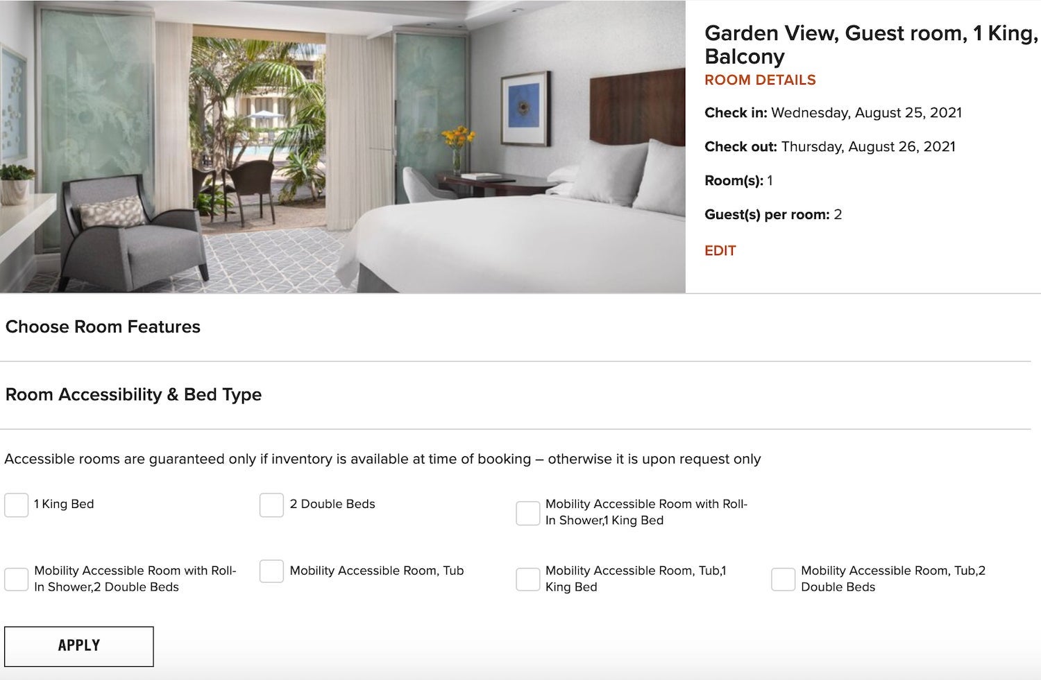 Screenshot showing booking options for accessible rooms at the Ritz-Carlton Laguna Niguel