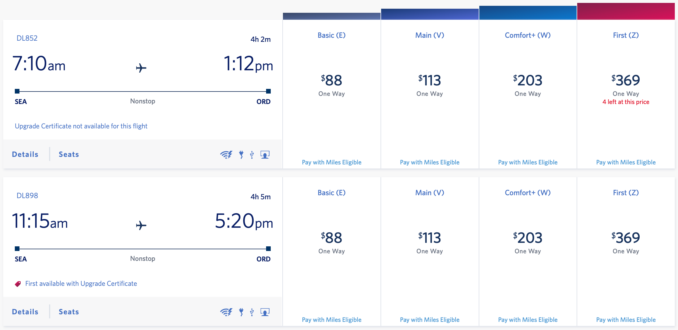 SEA to ORD flight search on Delta's website