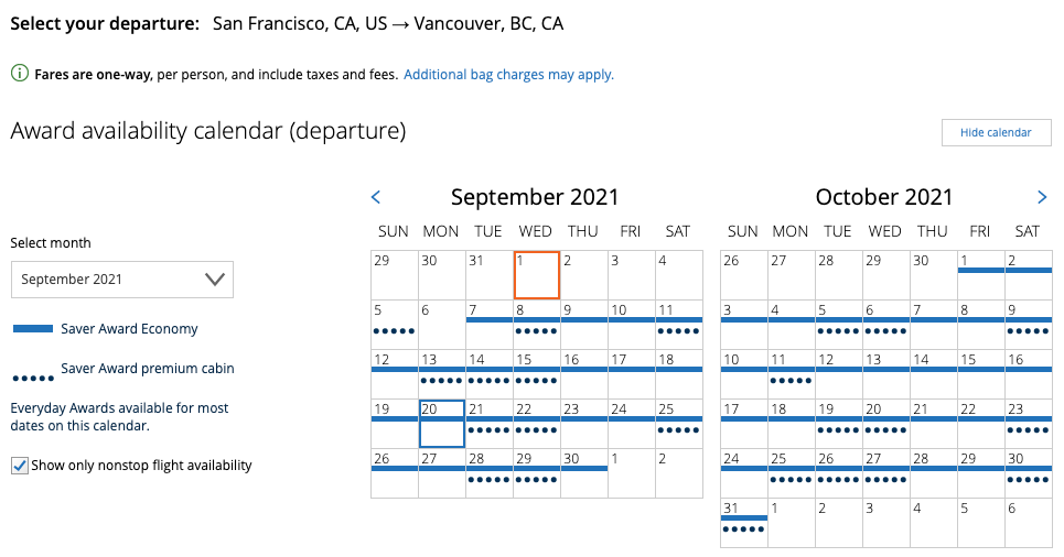 SFO to YVR United award space