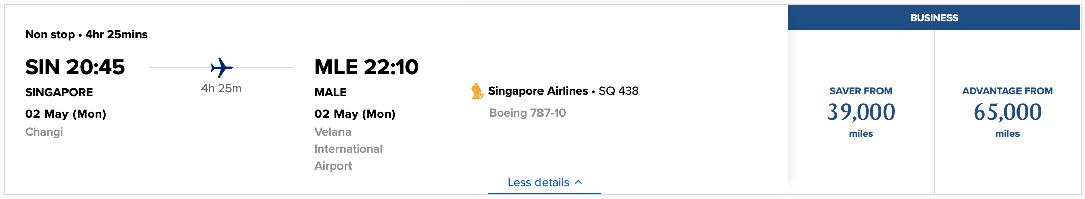 SIN MLE Singapore Airlines booking