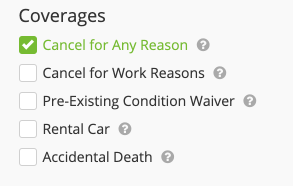 Filter options on InsureMyTrip.com, including Cancel for Any Reason coverage