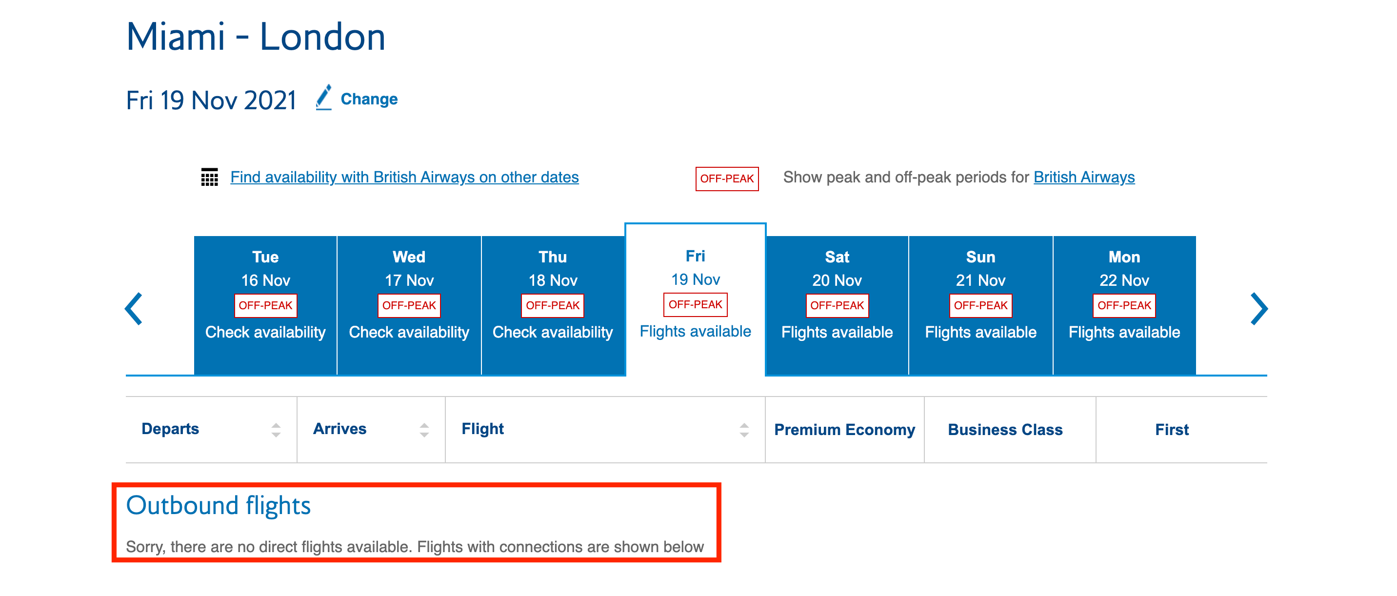 Screenshot of British Airways flight from Miami to London through American Express Travel.
