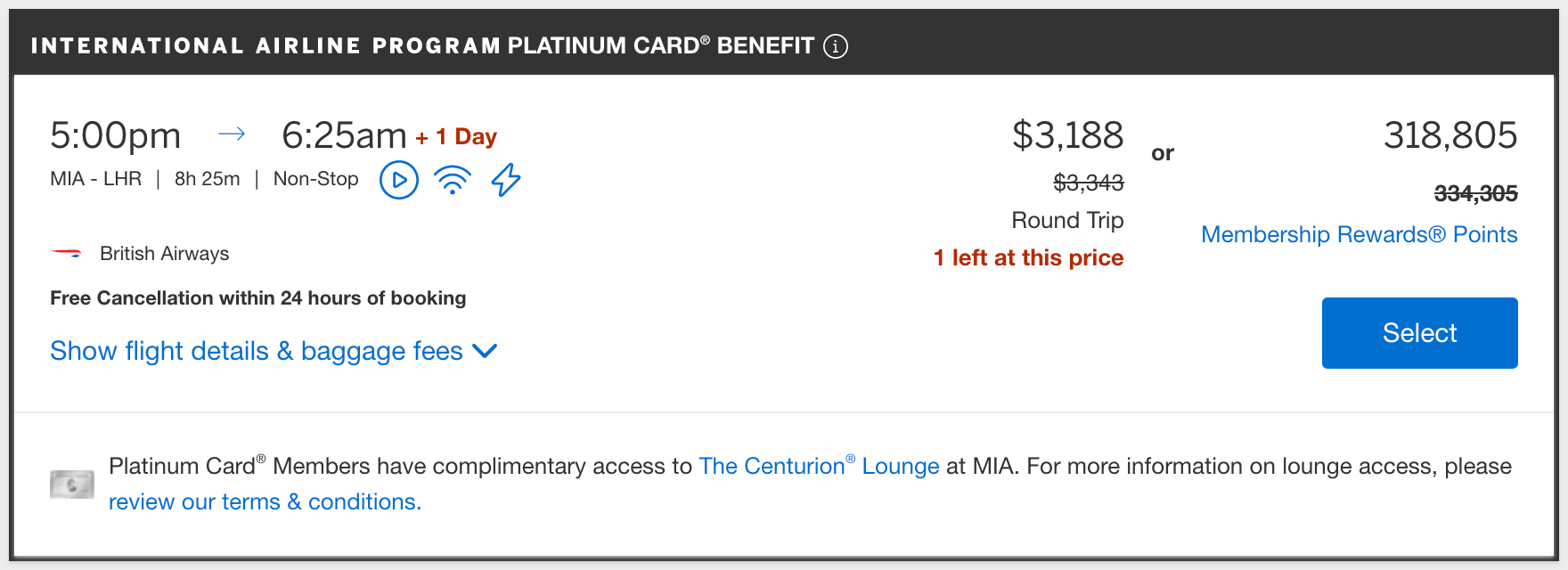 Screenshot of flight from Miami to London through American Express Travel.