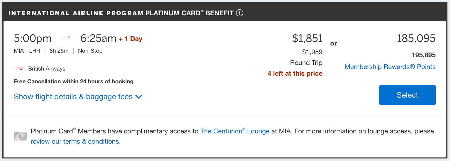 Screenshot of flight from Miami to London through American Express Travel.
