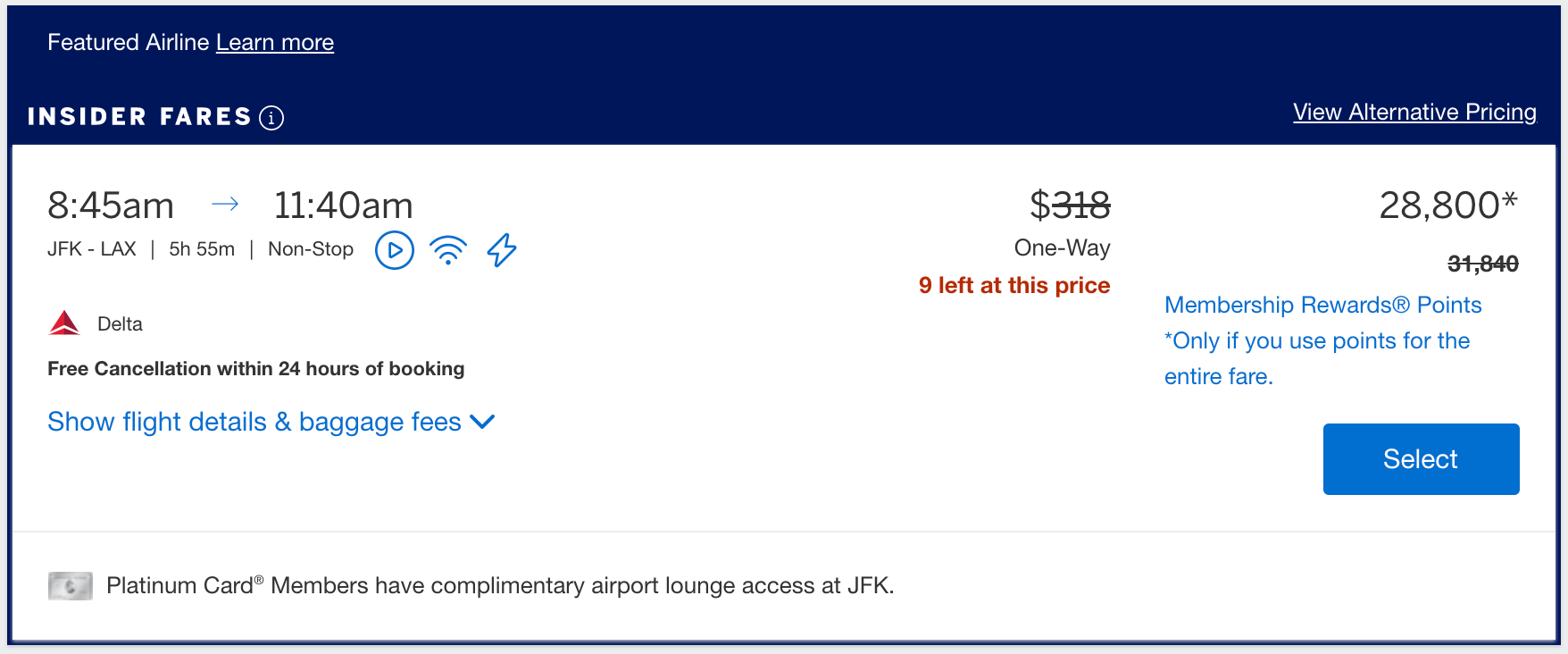 A Delta Airlines flight with an Insider Fare through American Express Travel
