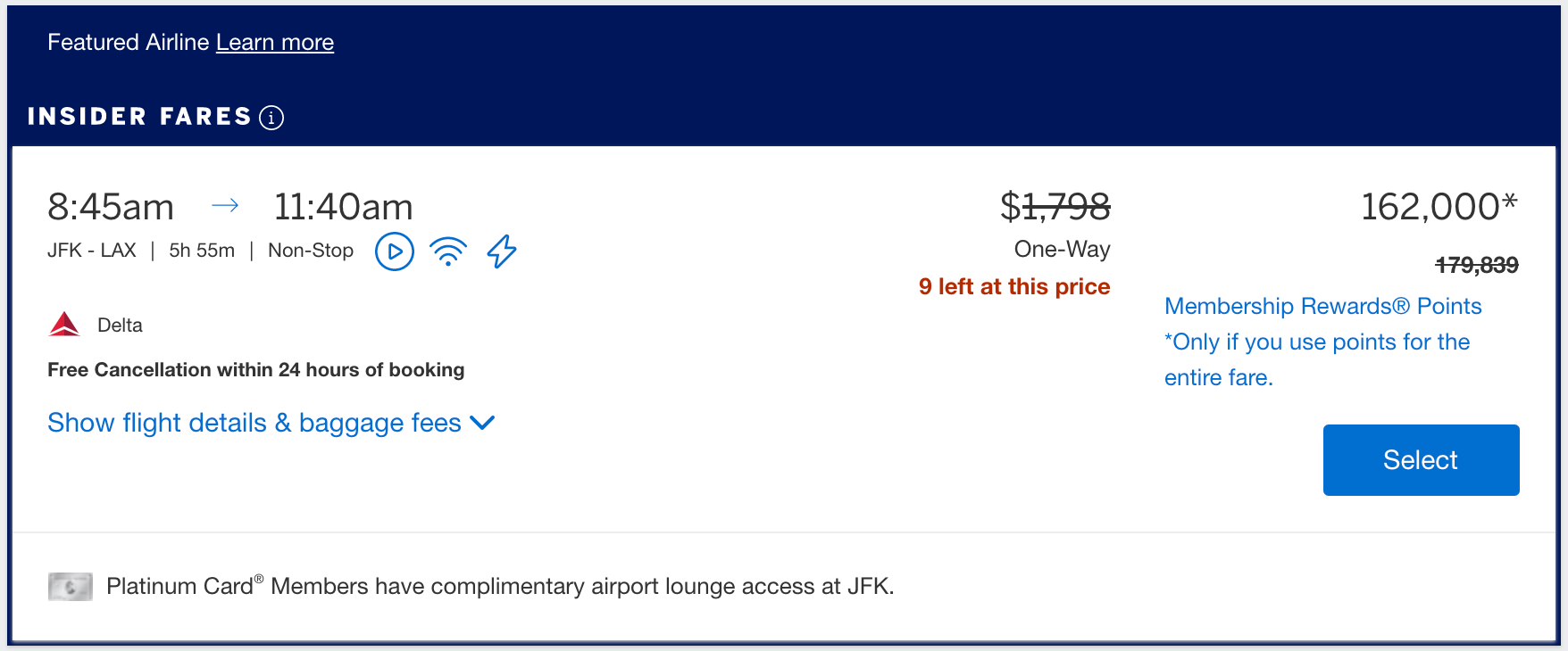A Delta Air Lines flight with Insider Fares through American Express Travel