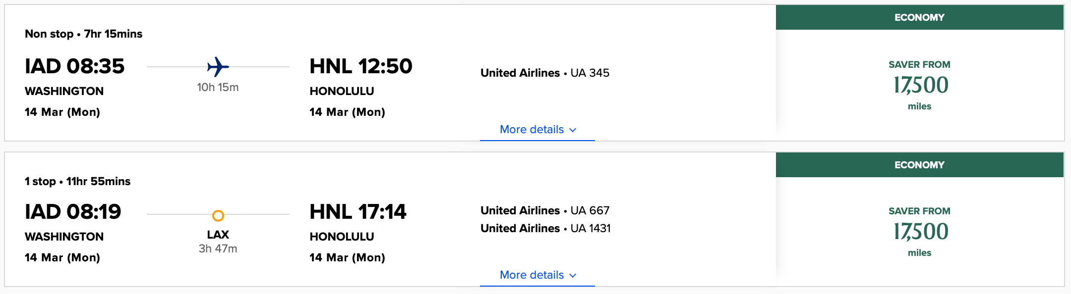 Singapore Airlines Award from IAD to HNL on United