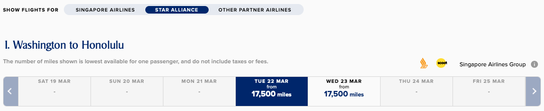Singapore Airlines award search weekly calendar
