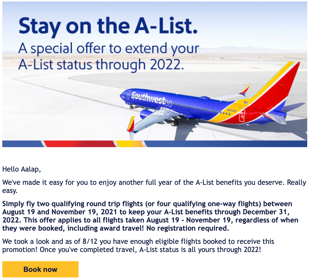 Southwest A List extention offer