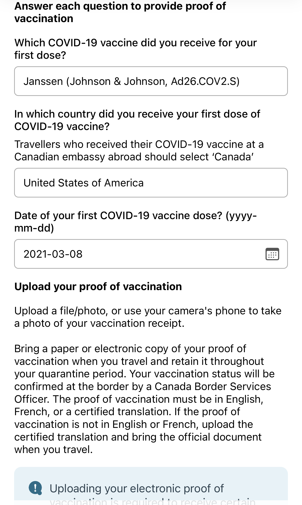 Vaccine info in ArriveCAN app