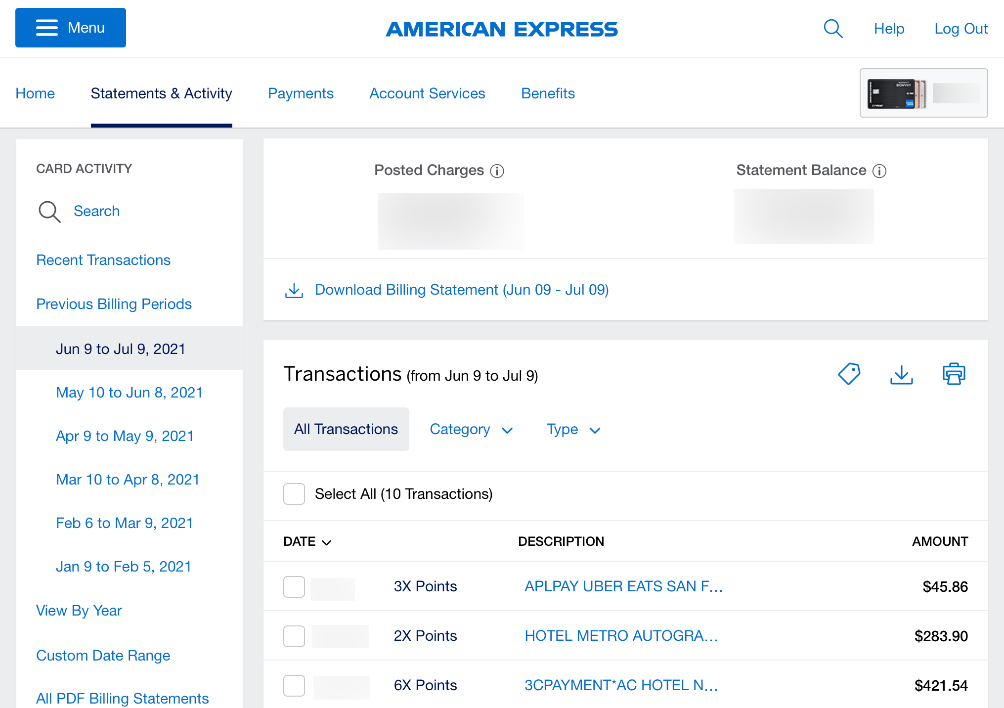 Viewing transactions on your Amex account