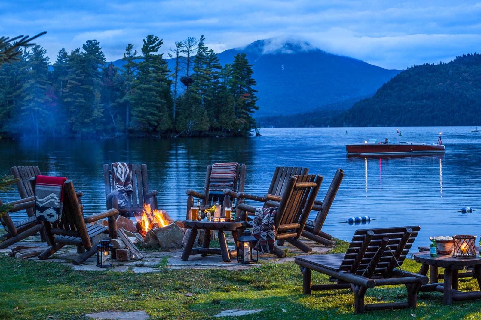 Whiteface Lodge lake and canoe at dusck