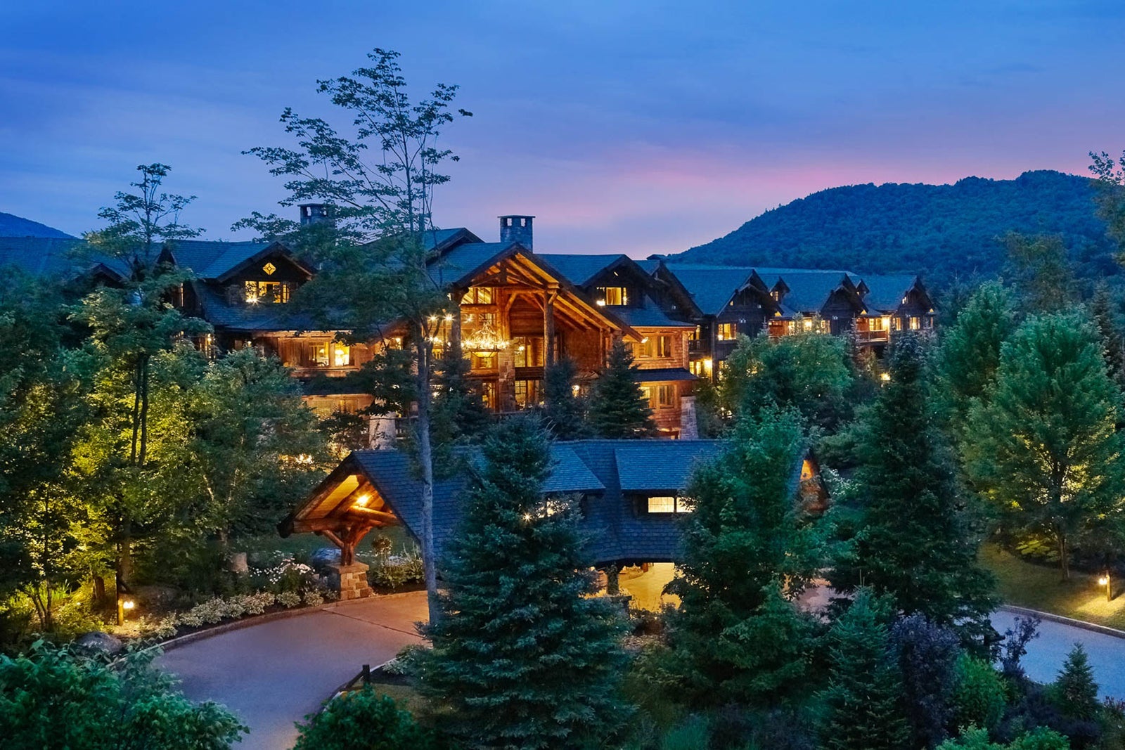 Whiteface Lodge exterior at night