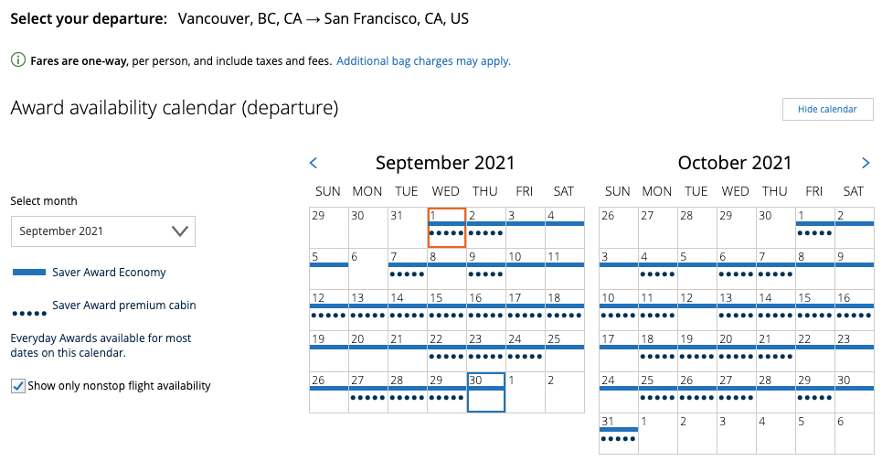 YVR to SFO United award space