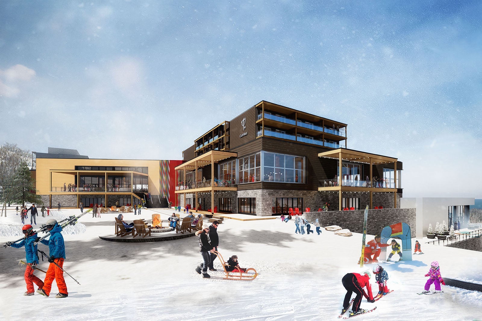 Skiers in front of Club Med Quebec