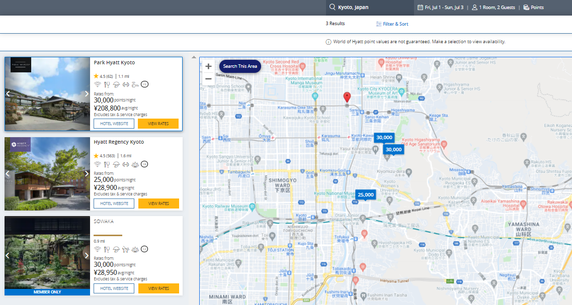 Hyatt award map for Kyoto