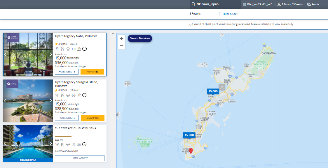 Hyatt award map for Okinawa